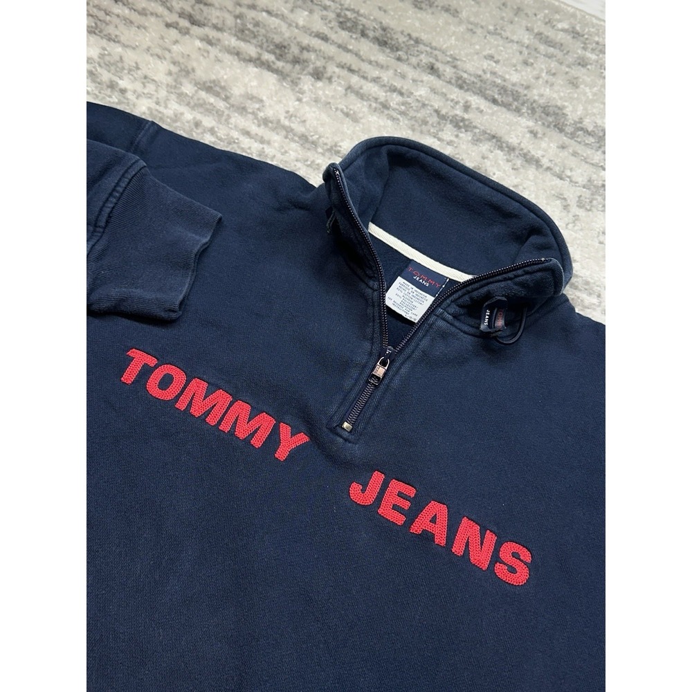Vintage‎ TOMMY JEANS Hilfiger Men's L Navy Blue 1/4 Zip Pullover Sweatshirt